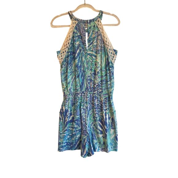 Lilly Pulitzer Blue coastal print romper halter style pockets resort vacation M - Picture 7 of 9